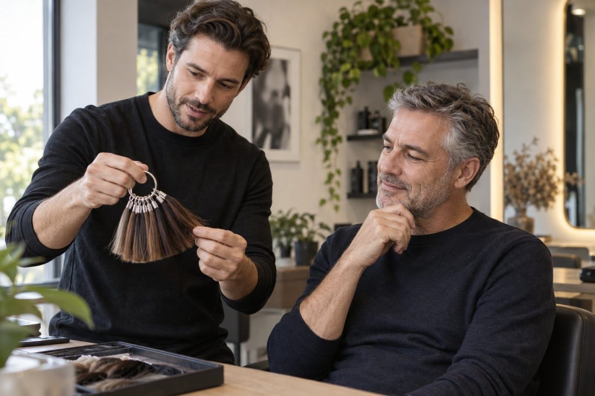 Haaradviseur bespreekt verschillende haarkleuren met een man in een salon